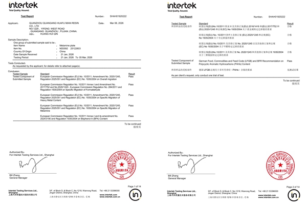 Huafu Chemicals Intertek Certificate for melamine molding powder
